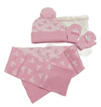 Nové - 3Set - Světlerůžovo-růžová čepice s Mickey a bambulí + šála + palcové rukavice s korunkou Disney