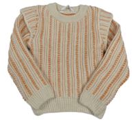 Smetanovo-oranžový pruhovaný žebrovaný svetr s volánky M&S