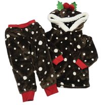 2Set - Tmavohnědo-bílo-červená puntíkatá plyšová domácí vánoční mikina s kapucí + kalhoty 