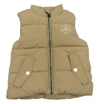 Béžová prošívaná šusťáková zateplená veta s nápisy a sluníčkem a horami C&A