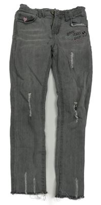 Šedé skinny teplákové rifle s nápisy a srdíčky a ošoupaného vzhledu Denim Co.