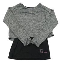 Šedo-černé melírované funkční sportovní crop triko se všitým topem s nápisem ERGEENOMIXX