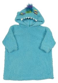 Azurová huňatá oversize dlouhá domácí mikina s dvojitou kapucí - příšerka Tu