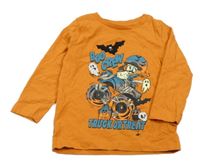 Oranžové triko s monster truckem a netopýry a nápisy Nutmeg
