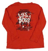 Červené triko s lebkou a nápisy PRIMARK