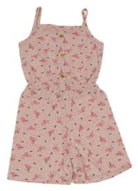Růžovo-bílý melírovaný letní overal s plameňáky Disney