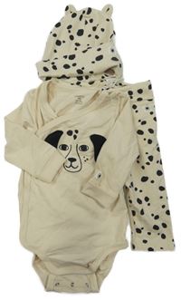Nové - 3Set - Smetanové zavinovací body s pejskem + smetanovo/černé vzorované tepláky + žebrovaná čepice s oušky LINDEX