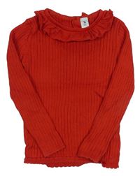 Červený žebrovaný svetr s volánem Tu