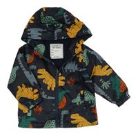 Tmavomodrá šusťáková lehce zateplená bunda s dinosaury a kapucí Matalan
