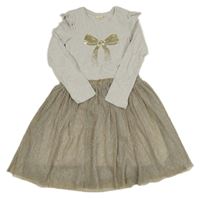 Bílo-šedo-stříbrné bavlněno/plisované šaty s mašlí z flitrů Kids