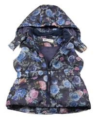 Tmavomodrá květovaná šusťáková zateplená vesta s kapucí H&M