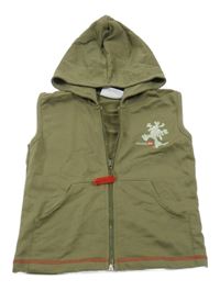 Khaki tepláková propínací vesta s potiskem a kapucí