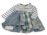 Nové - Bílo-tmavomodro-barevné šaty s pruhy a květinami Next