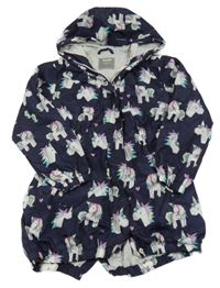 Tmavomodrá šusťáková jarní parka s jednorožci a kapucí Next