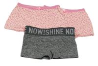 3x kalhotky - 2x růžové květované s motýly + tmavošedé melírované