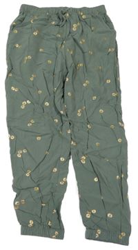 Khaki květované lehké kalhoty H&M