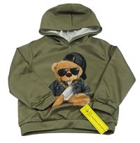 Khaki lehká mikina s medvědem a kapucí Shein