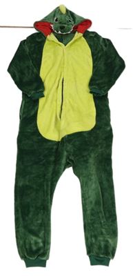 Kostým - zelená plyšová kombinéza s ocasem a kapucí - dino