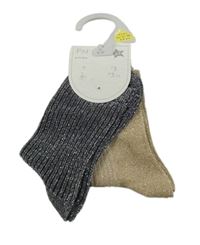 Nové - 2x třpytivé žebrované ponožky - tmavošedé + zlaté F&F