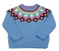 Modrý svetr s barevným vzorem 