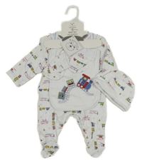 Nové - 4 set - bílý overal s auty + bryndák + rukavice + čepice 