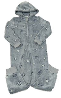 Tmavomodrá chlupatá kombinéza s hvězdičkami a kapucí M&S