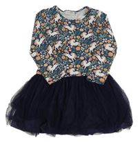 Tmavomodro-zelené vzorované šaty s jednorožci a tylovou sukní 