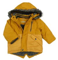 Hořčicová šusťáková zateplená bunda s kapucí s kožešinou Primark