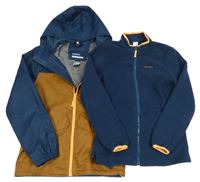 2set - Tmavomodro-hnědá šusťáková funkční bunda s kapucí + Tmavomodrá propínací funkční fleecová mikina Quechua