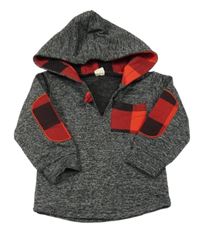 Šedo-černo-červená melírovaná mikina s kapucí 