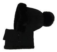 Černá zateplená kukla s kožešinou a bambulí 