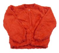 Červený chlupatý propínací svetr s perlami Dunnes