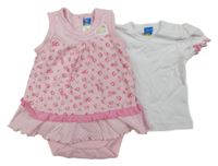 2set - Bílé tričko + růžové květované puntíkaté šaty s všitým body Topolino