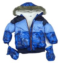 Tmavomodro-modrá šusťáková zimní bunda s kapucí + rukavice M&Co.