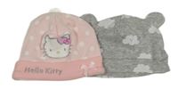 2x bavlněná čepice - světlerůžová s Kitty + šedá s mraky 