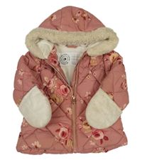 Starorůžová květovaná šusťáková prošívaná zateplená bunda s kapucí George