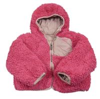 Tmavorůžová huňatá zateplená oboustranná bunda s kapucí DKNY