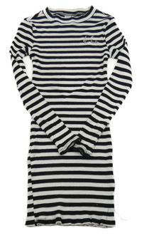 Černo-bílé pruhované žebrované elastické šaty s nápisem Page one young