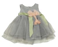 Šedé organzové slavnostní šaty s mašlí