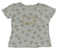 Šedé melírované tričko s kytičkami a nápisem Primark