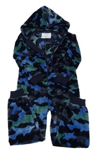 Tmavomodro-modro-zelená army chlupatá kombinéza s kapucí F&F