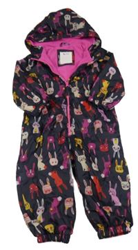 Tmavomdrá šusťáková jarní kombinéza se zajíčky a kapucí Tu