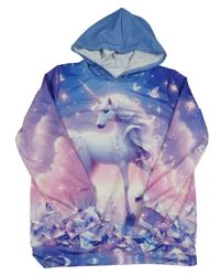 Fialovo-růžovo-modrá mikina s jednorožcem a kapucí 