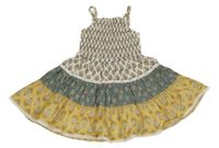 Smetnaovo-šedo-okrové plátěné žabičkové šaty se vzorem Matalan