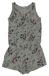 Šedý bavlněný kraťasový overal s motýly Pocopiano