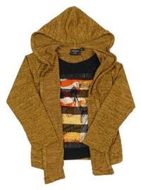 Béžovo-šedý melírovaný svetrový cardigan se všitým topem a kapucí Danaboi