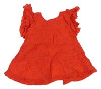 Červené mačkané šaty s madeirou a volánky Zara