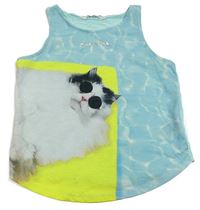 Světlemodro-bílo-limetkový batikovaný crop top s kočičkou H&M