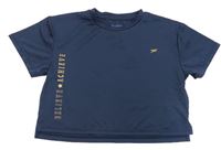 Tmavomodré crop sportovní tričko se zlatým nápisem PRIMARK