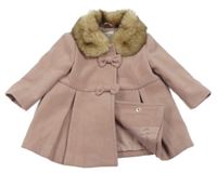 Starorůžový flaušový jarní kabát s mašlemi a kožešinovým límečkem F&F